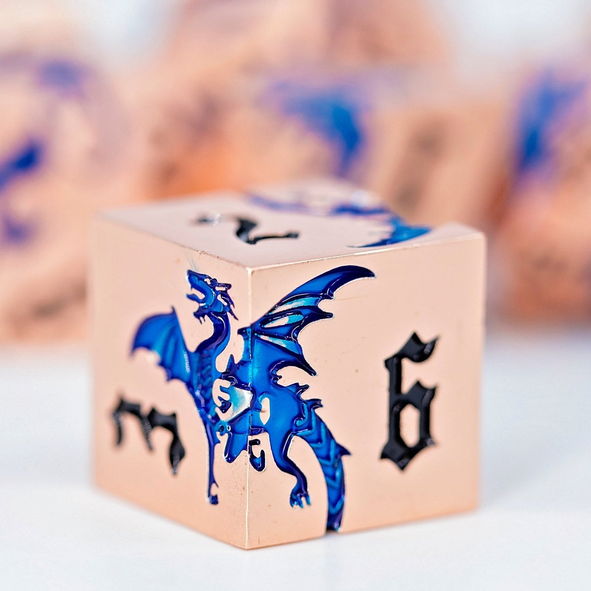 Sage’s Dragon Etchings Copper/Blue Metal Polyhedral Dice Set - Sage's PortalMetal Dice Set