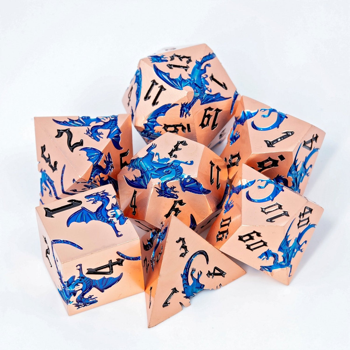 Sage’s Dragon Etchings Copper/Blue Metal Polyhedral Dice Set - Sage's PortalMetal Dice Set