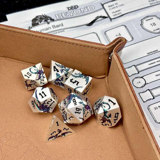 Sage’s Dragon Etchings Silver Teal/Purple Metal Polyhedral Dice Set - Sage's PortalMetal Dice Set