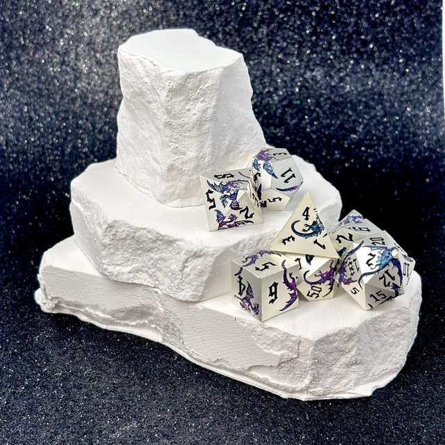 Sage’s Dragon Etchings Silver Teal/Purple Metal Polyhedral Dice Set - Sage's PortalMetal Dice Set