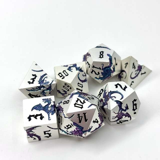 Sage’s Dragon Etchings Silver Teal/Purple Metal Polyhedral Dice Set - Sage's PortalMetal Dice Set