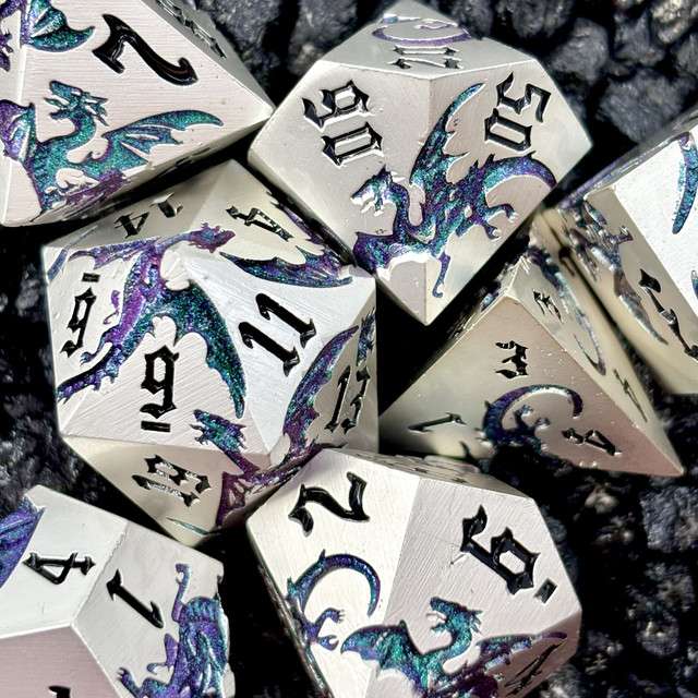 Sage’s Dragon Etchings Silver Teal/Purple Metal Polyhedral Dice Set - Sage's PortalMetal Dice Set