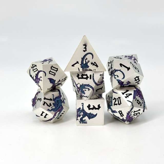 Sage’s Dragon Etchings Silver Teal/Purple Metal Polyhedral Dice Set - Sage's PortalMetal Dice Set