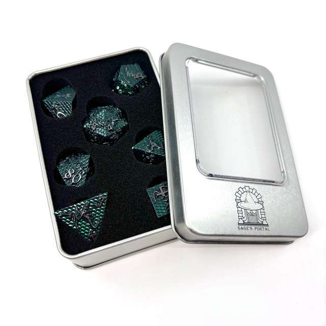 Sage's Dragonscales Green/Silver Metal Polyhedral Dice Set - Sage's PortalMetal Dice Set