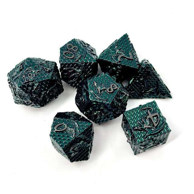 Sage's Dragonscales Green/Silver Metal Polyhedral Dice Set - Sage's PortalMetal Dice Set