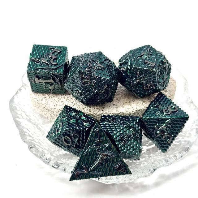 Sage's Dragonscales Green/Silver Metal Polyhedral Dice Set - Sage's PortalMetal Dice Set