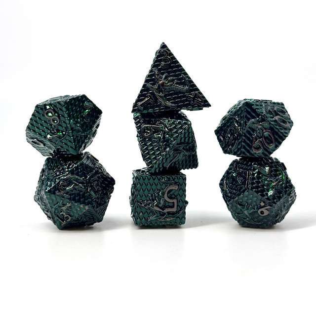 Sage's Dragonscales Green/Silver Metal Polyhedral Dice Set - Sage's PortalMetal Dice Set