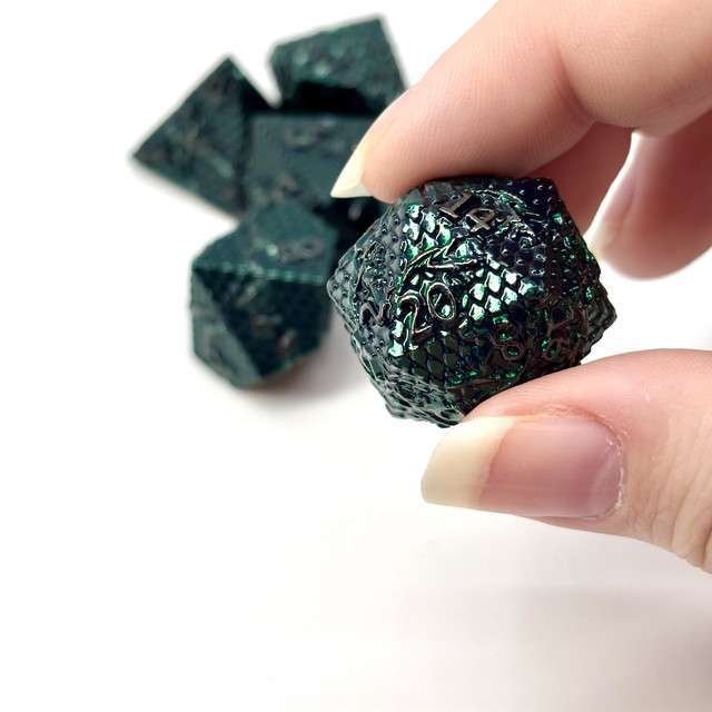 Sage's Dragonscales Green/Silver Metal Polyhedral Dice Set - Sage's PortalMetal Dice Set