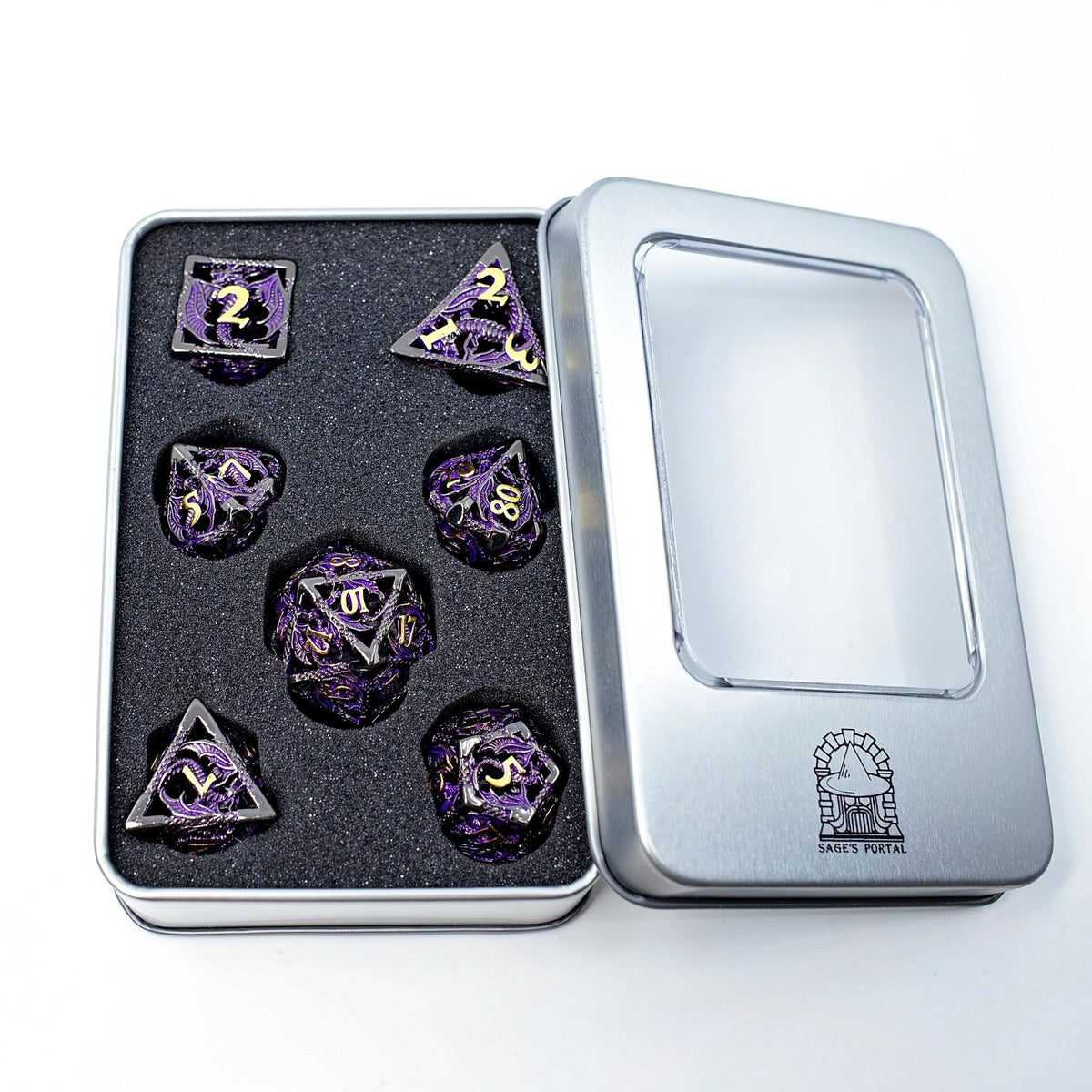 Sage's Dragonstones - Black/Purple Noble Dragon Hollow Metal Polyhedral Dice Set - Sage's PortalHollow Metal Dice Set