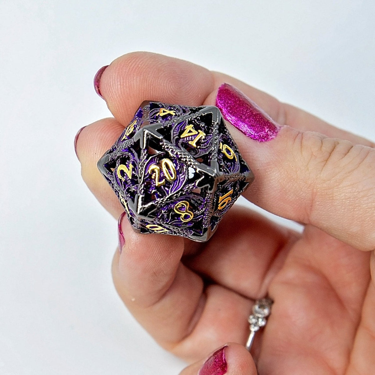 Sage's Dragonstones - Black/Purple Noble Dragon Hollow Metal Polyhedral Dice Set - Sage's PortalHollow Metal Dice Set
