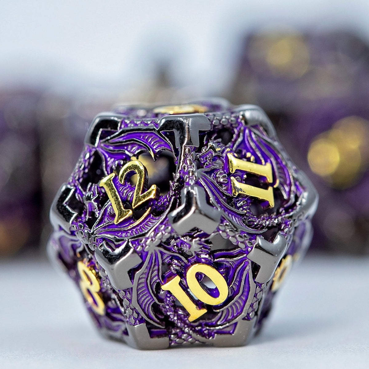 Sage's Dragonstones - Black/Purple Noble Dragon Hollow Metal Polyhedral Dice Set - Sage's PortalHollow Metal Dice Set