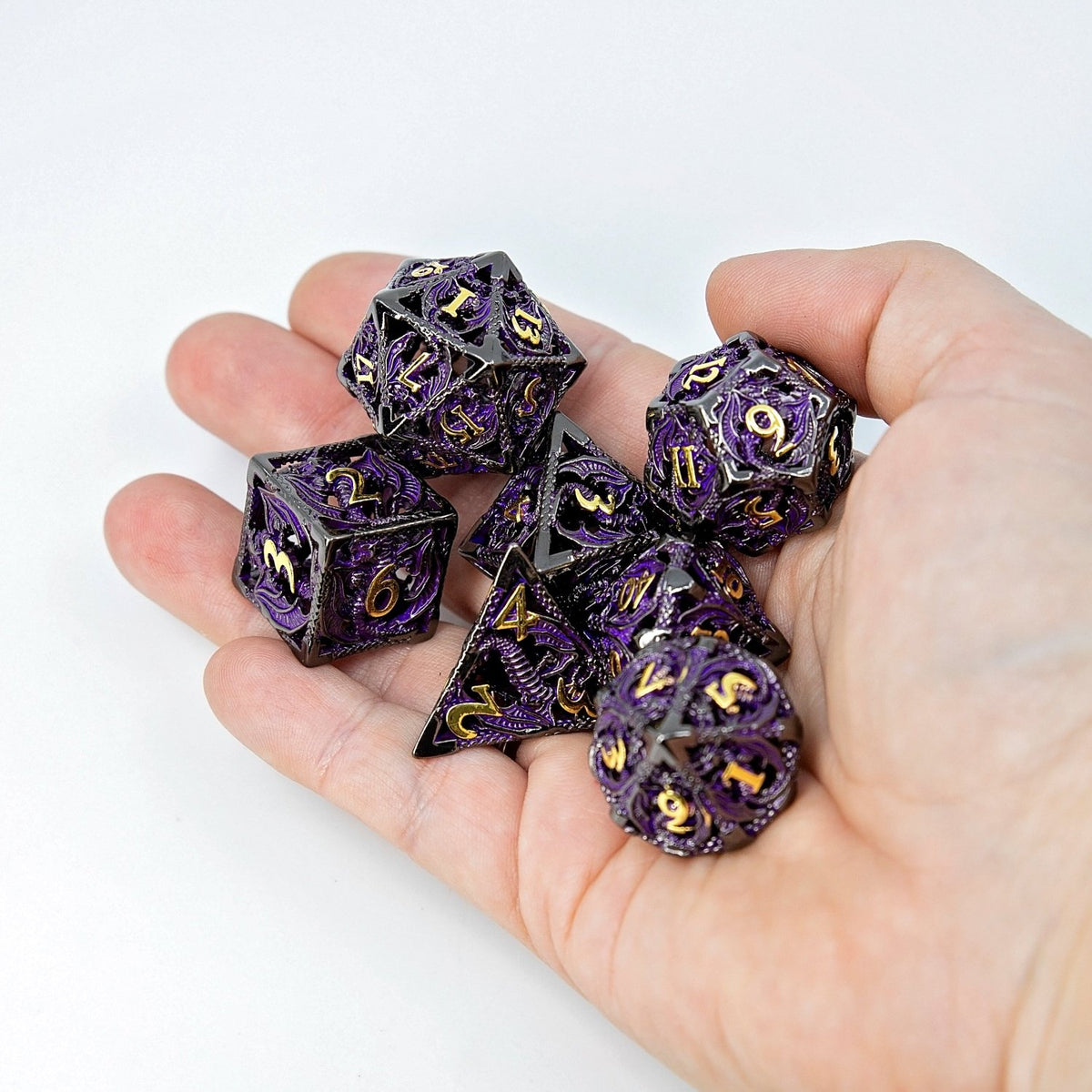 Sage's Dragonstones - Black/Purple Noble Dragon Hollow Metal Polyhedral Dice Set - Sage's PortalHollow Metal Dice Set