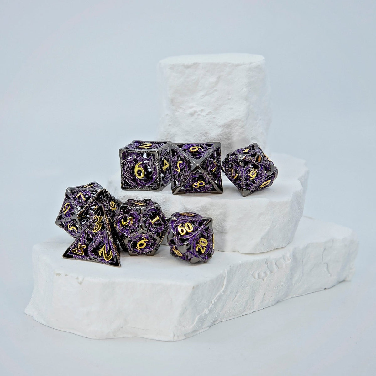 Sage's Dragonstones - Black/Purple Noble Dragon Hollow Metal Polyhedral Dice Set - Sage's PortalHollow Metal Dice Set