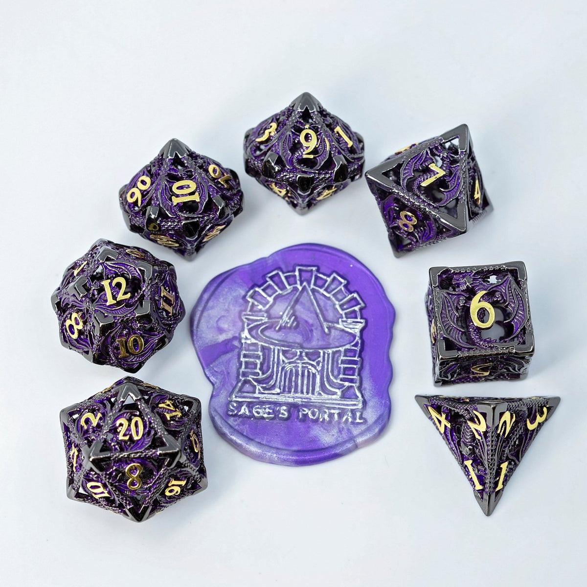Sage's Dragonstones - Black/Purple Noble Dragon Hollow Metal Polyhedral Dice Set - Sage's PortalHollow Metal Dice Set