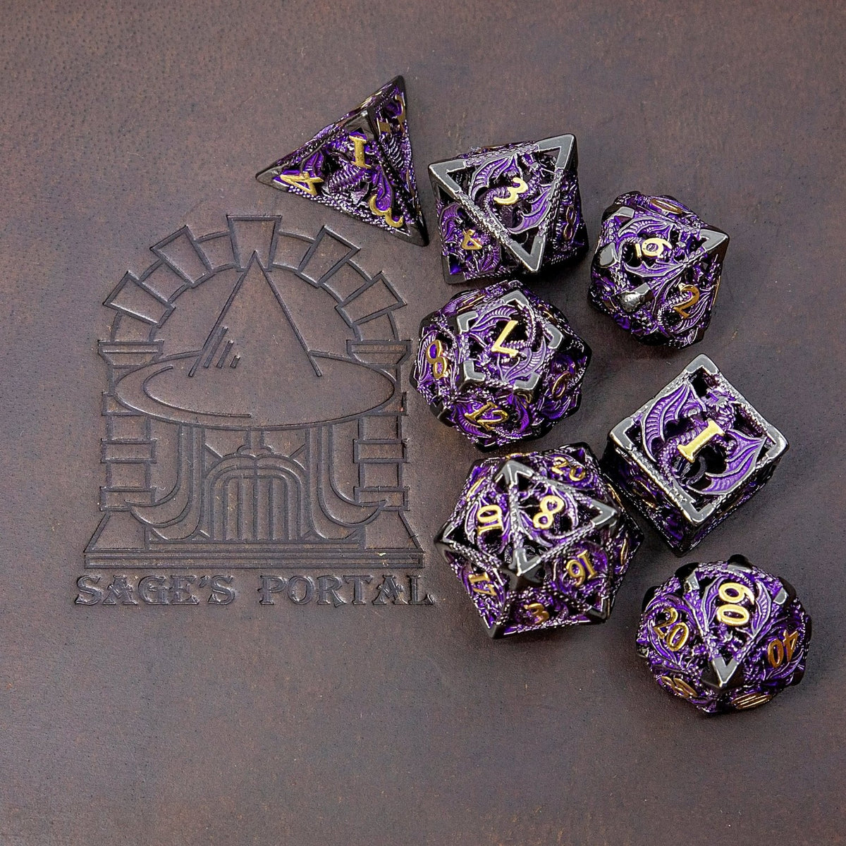 Sage's Dragonstones - Black/Purple Noble Dragon Hollow Metal Polyhedral Dice Set - Sage's PortalHollow Metal Dice Set