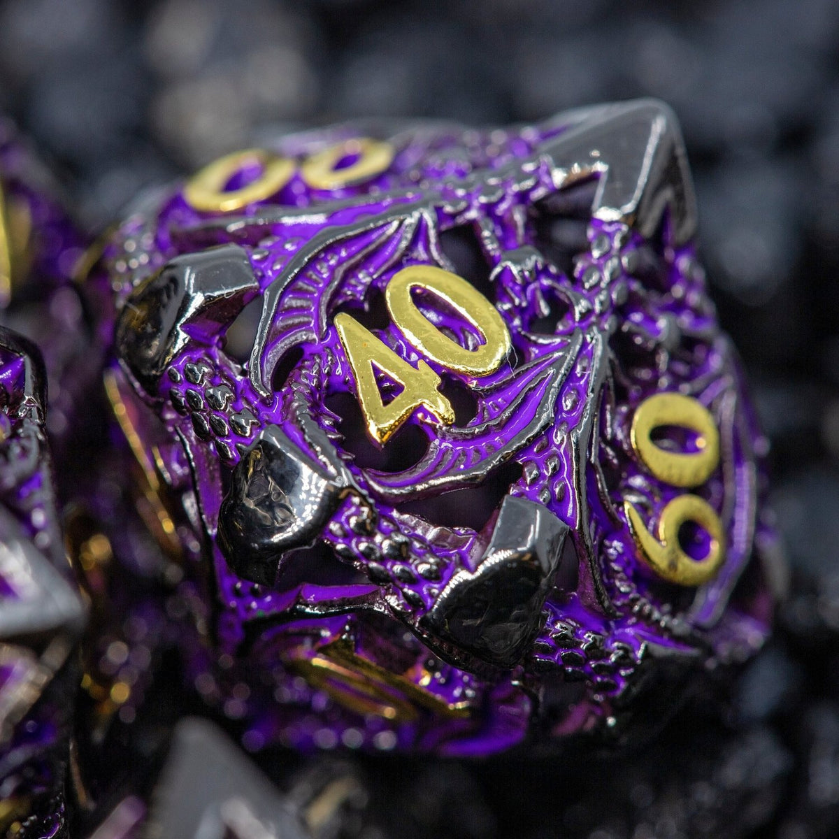 Sage's Dragonstones - Black/Purple Noble Dragon Hollow Metal Polyhedral Dice Set - Sage's PortalHollow Metal Dice Set