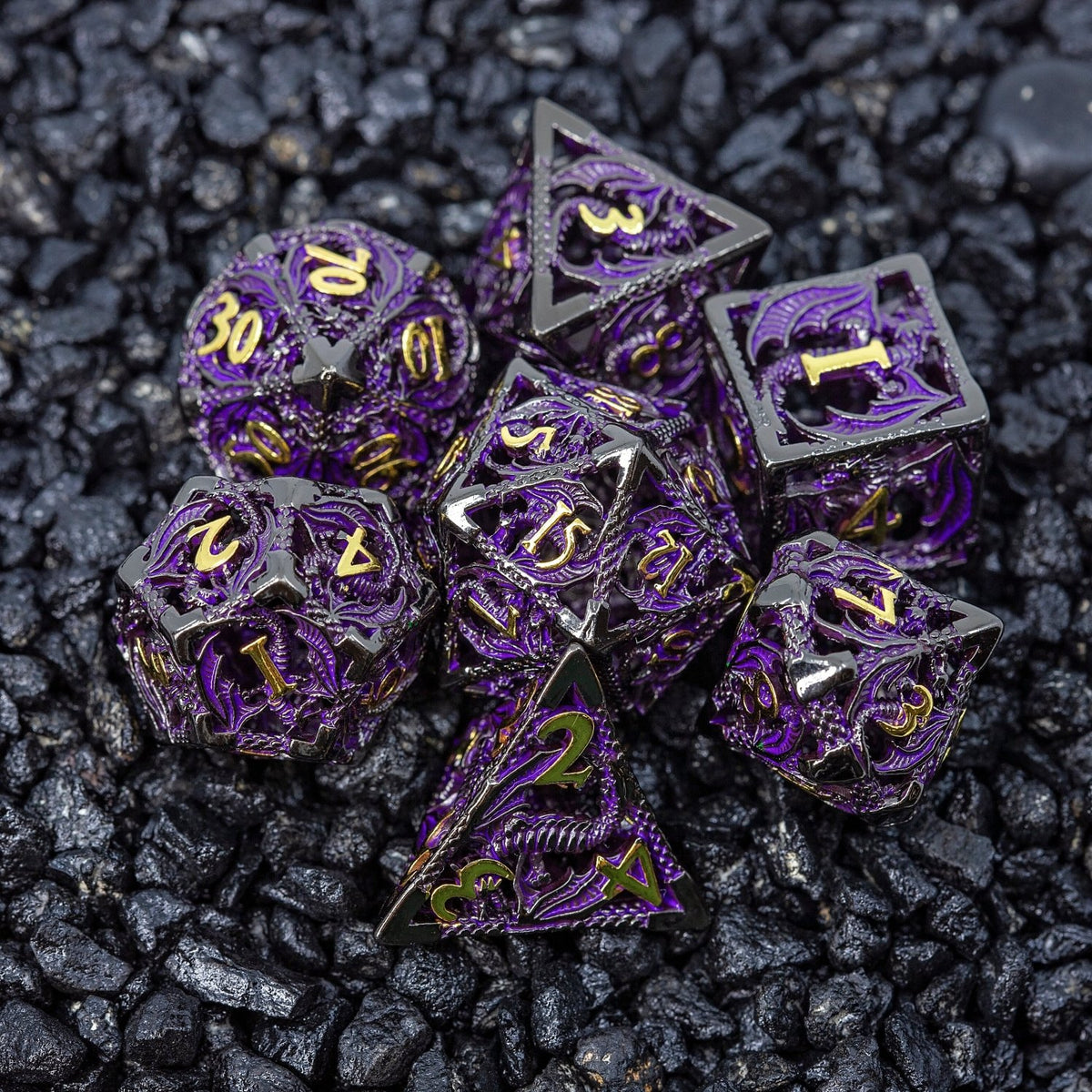 Sage's Dragonstones - Black/Purple Noble Dragon Hollow Metal Polyhedral Dice Set - Sage's PortalHollow Metal Dice Set