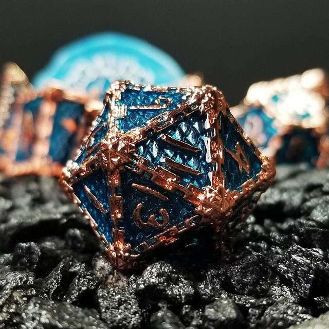 Sage's Dragonstones- Chained Drake Sapphire Copper Metal Polyhedral Dice Set - Sage's PortalMetal Dice Set