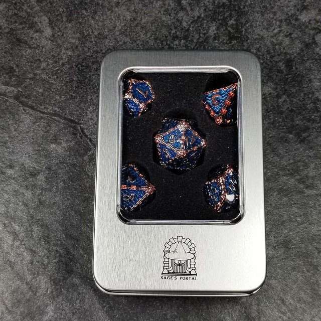 Sage's Dragonstones- Chained Drake Sapphire Copper Metal Polyhedral Dice Set - Sage's PortalMetal Dice Set