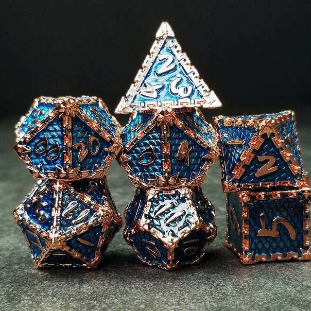 Sage's Dragonstones- Chained Drake Sapphire Copper Metal Polyhedral Dice Set - Sage's PortalMetal Dice Set