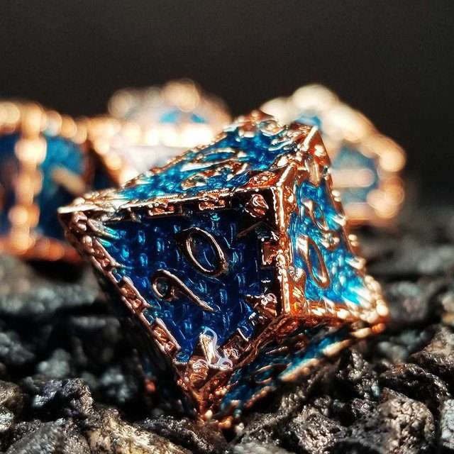 Sage's Dragonstones- Chained Drake Sapphire Copper Metal Polyhedral Dice Set - Sage's PortalMetal Dice Set