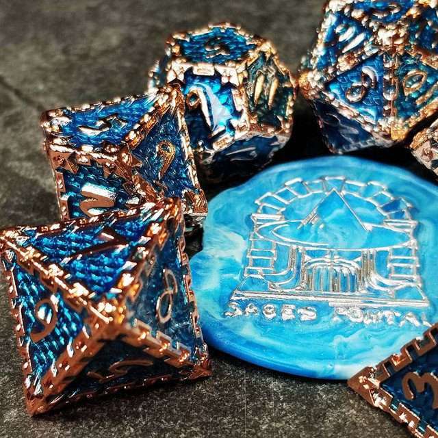 Sage's Dragonstones- Chained Drake Sapphire Copper Metal Polyhedral Dice Set - Sage's PortalMetal Dice Set
