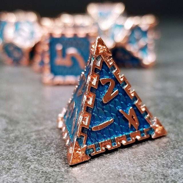 Sage's Dragonstones- Chained Drake Sapphire Copper Metal Polyhedral Dice Set - Sage's PortalMetal Dice Set
