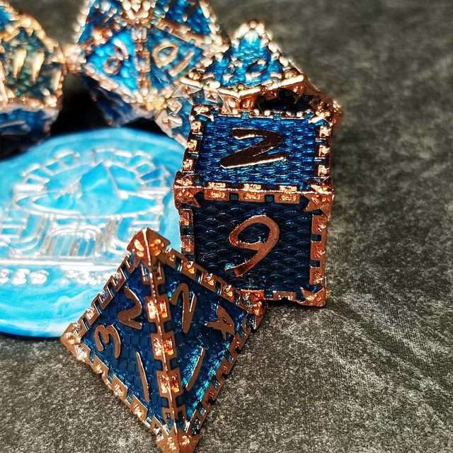Sage's Dragonstones- Chained Drake Sapphire Copper Metal Polyhedral Dice Set - Sage's PortalMetal Dice Set