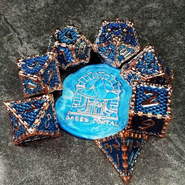 Sage's Dragonstones- Chained Drake Sapphire Copper Metal Polyhedral Dice Set - Sage's PortalMetal Dice Set