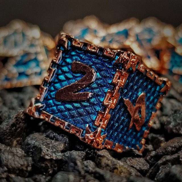 Sage's Dragonstones- Chained Drake Sapphire Copper Metal Polyhedral Dice Set - Sage's PortalMetal Dice Set