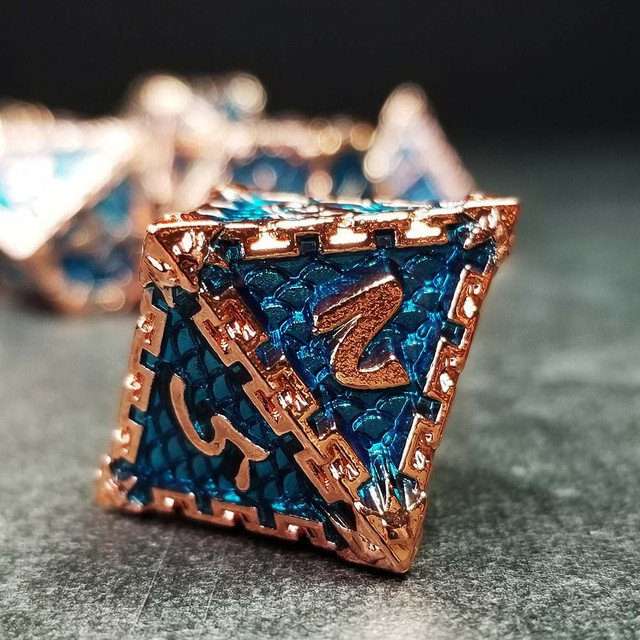 Sage's Dragonstones- Chained Drake Sapphire Copper Metal Polyhedral Dice Set - Sage's PortalMetal Dice Set