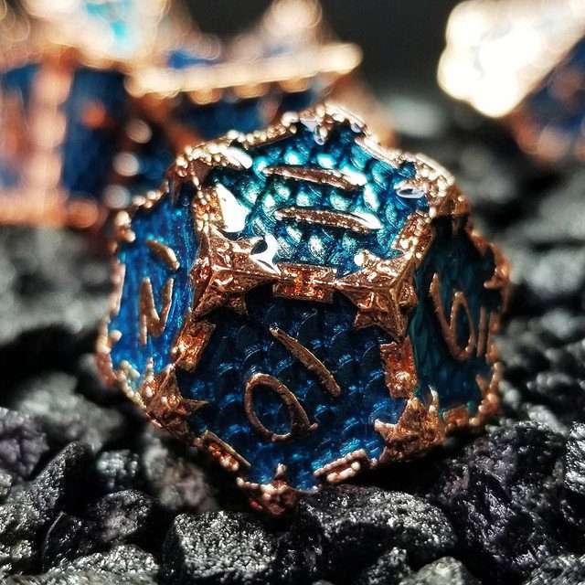 Sage's Dragonstones- Chained Drake Sapphire Copper Metal Polyhedral Dice Set - Sage's PortalMetal Dice Set