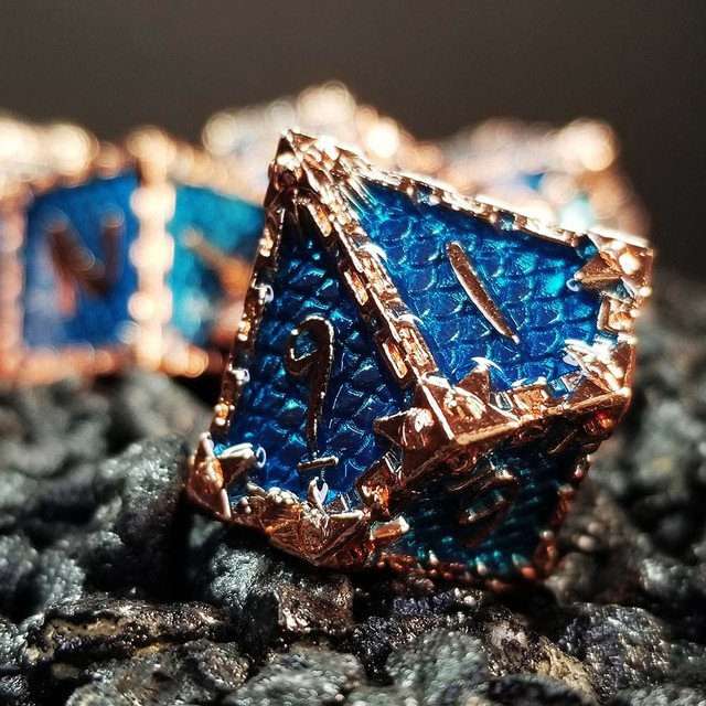 Sage's Dragonstones- Chained Drake Sapphire Copper Metal Polyhedral Dice Set - Sage's PortalMetal Dice Set