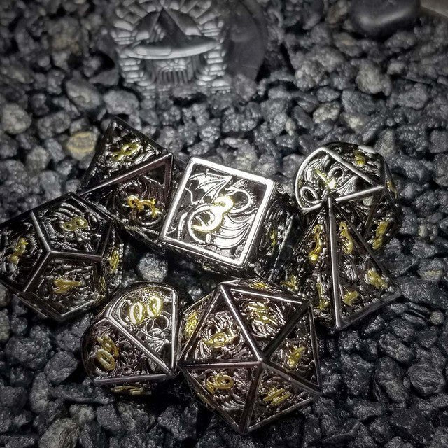 Sage's Dragonstones - Elder Dragon Black/Gold Hollow Metal Dice Set - Sage's PortalHollow Metal Dice Set