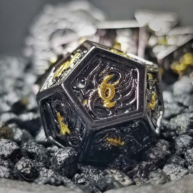 Sage's Dragonstones - Elder Dragon Black/Gold Hollow Metal Dice Set - Sage's PortalHollow Metal Dice Set