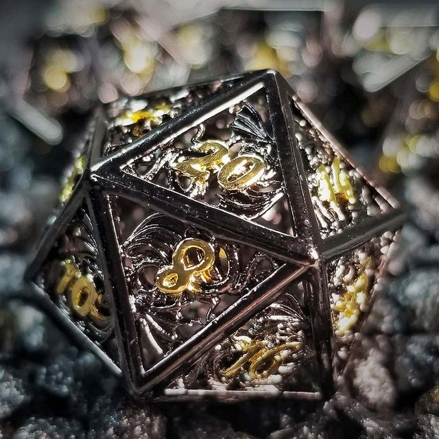 Sage's Dragonstones - Elder Dragon Black/Gold Hollow Metal Dice Set - Sage's PortalHollow Metal Dice Set