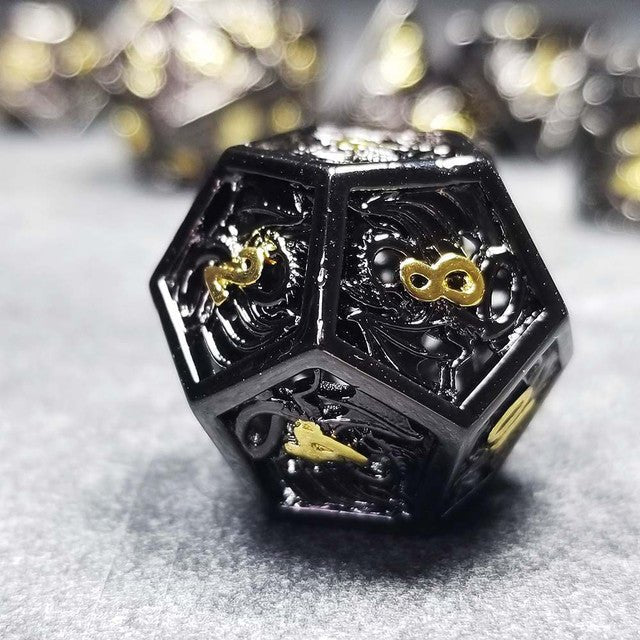 Sage's Dragonstones - Elder Dragon Black/Gold Hollow Metal Dice Set - Sage's PortalHollow Metal Dice Set