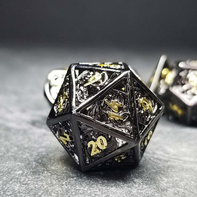 Sage's Dragonstones - Elder Dragon Black/Gold Hollow Metal Dice Set - Sage's PortalHollow Metal Dice Set