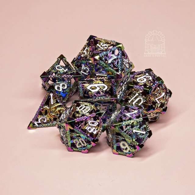 Sage's Dragonstones - Rainbow Noble Dragon Hollow Metal Polyhedral Dice Set - Sage's PortalHollow Metal Dice Set
