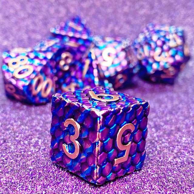Sage's Dragonstones - Scaled Eggs Purple/Blue Metal Polyhedral Dice Set - Sage's PortalMetal Dice Set