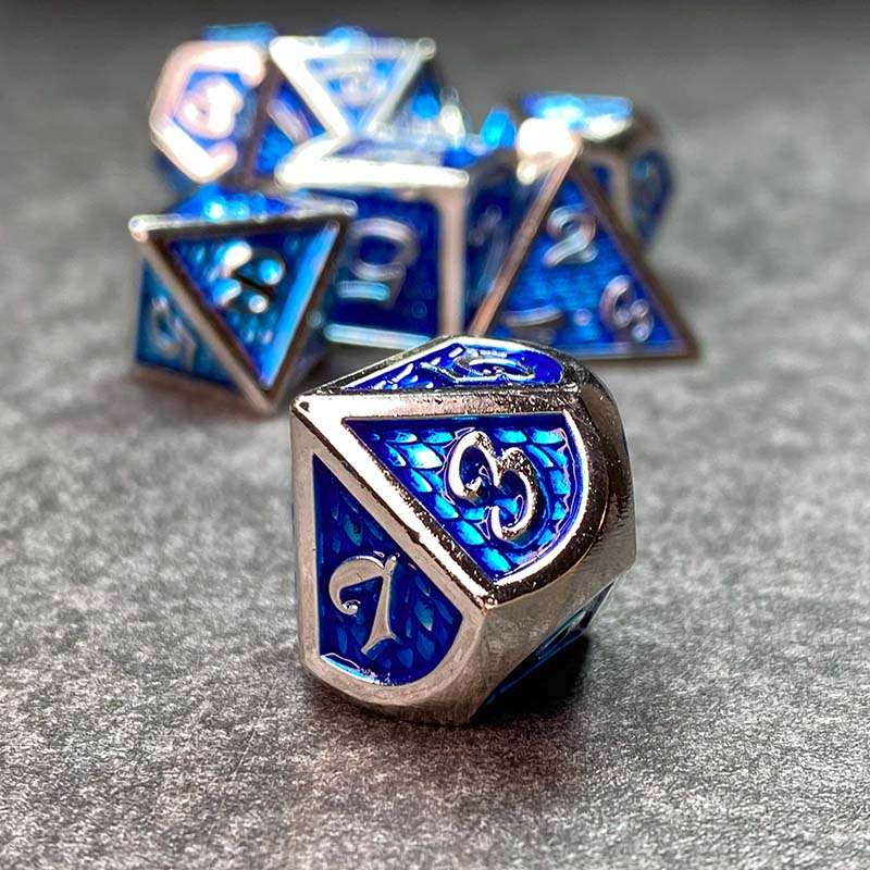 Sage's Dragonstones - True Silver Sapphire Scales Metal Polyhedral Dice - Sage's PortalMetal Dice Set