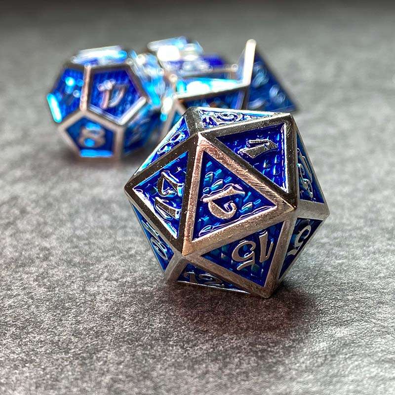 Sage's Dragonstones - True Silver Sapphire Scales Metal Polyhedral Dice - Sage's PortalMetal Dice Set