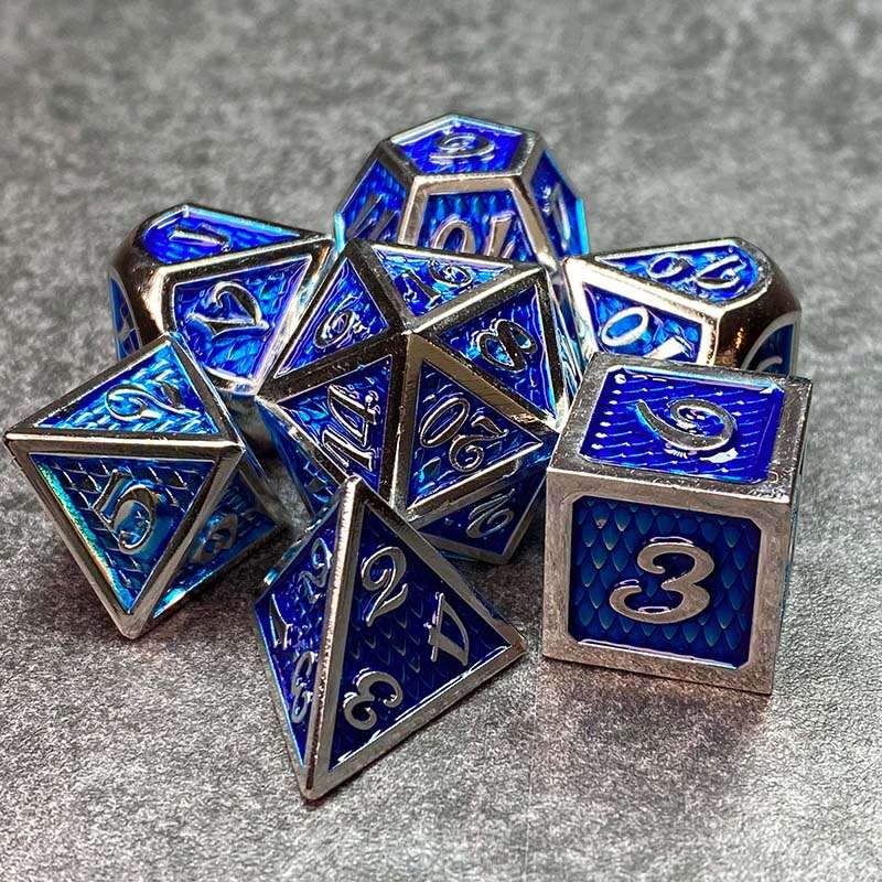Sage's Dragonstones - True Silver Sapphire Scales Metal Polyhedral Dice - Sage's PortalMetal Dice Set