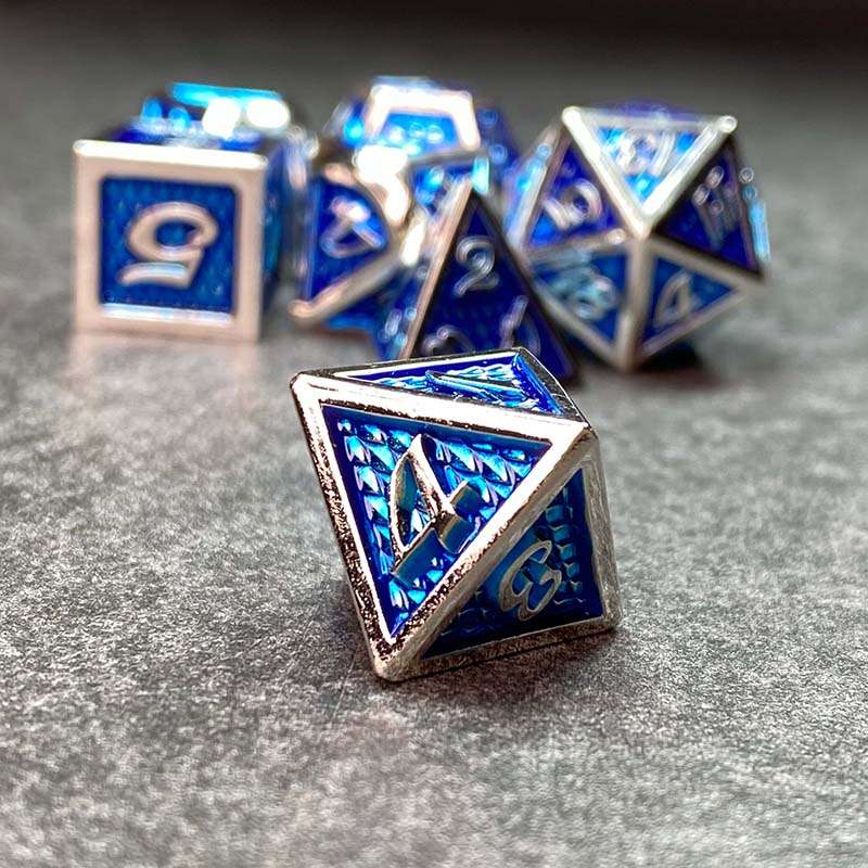 Sage's Dragonstones - True Silver Sapphire Scales Metal Polyhedral Dice - Sage's PortalMetal Dice Set