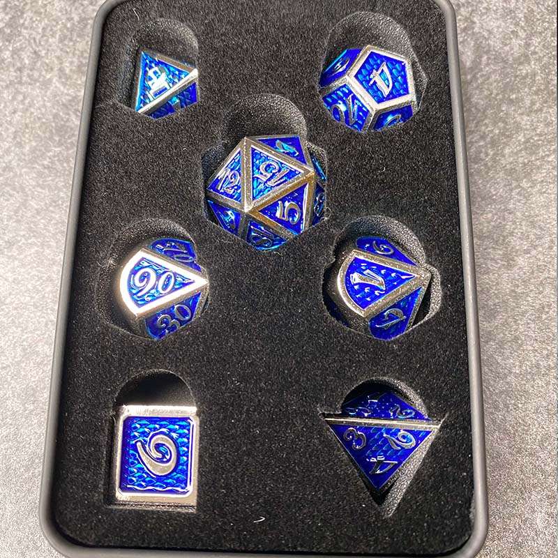 Sage's Dragonstones - True Silver Sapphire Scales Metal Polyhedral Dice - Sage's PortalMetal Dice Set