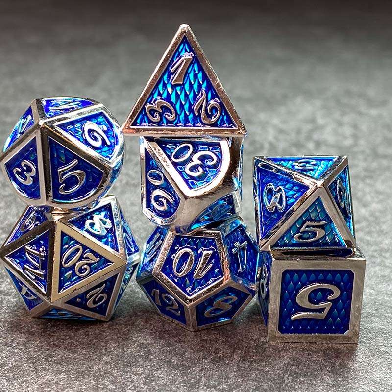 Sage's Dragonstones - True Silver Sapphire Scales Metal Polyhedral Dice - Sage's PortalMetal Dice Set