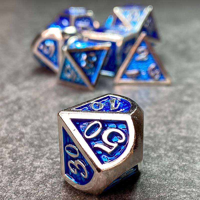 Sage's Dragonstones - True Silver Sapphire Scales Metal Polyhedral Dice - Sage's PortalMetal Dice Set