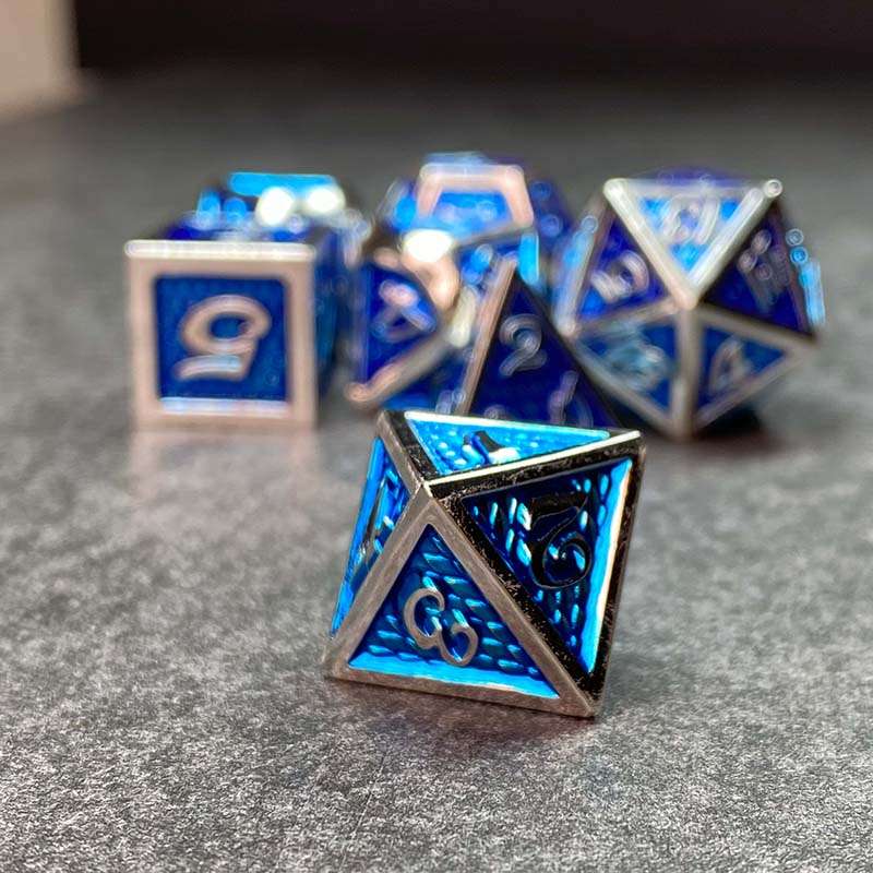 Sage's Dragonstones - True Silver Sapphire Scales Metal Polyhedral Dice - Sage's PortalMetal Dice Set