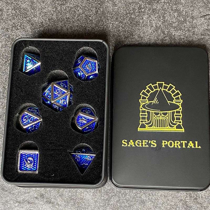 Sage's Dragonstones - True Silver Sapphire Scales Metal Polyhedral Dice - Sage's PortalMetal Dice Set