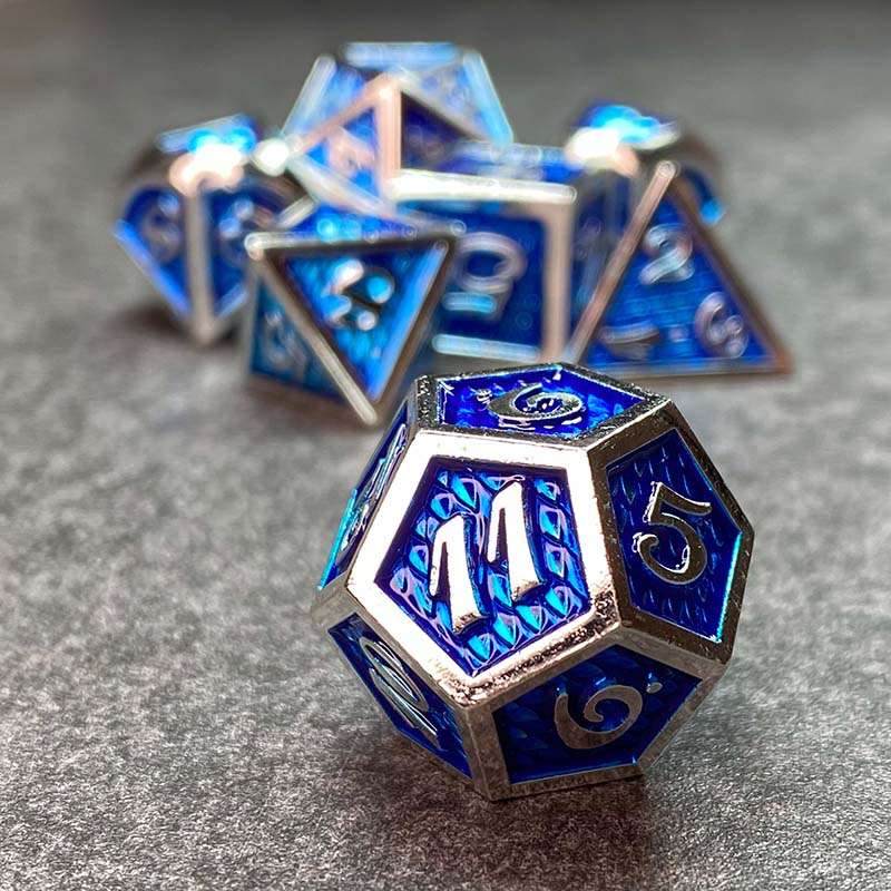 Sage's Dragonstones - True Silver Sapphire Scales Metal Polyhedral Dice - Sage's PortalMetal Dice Set